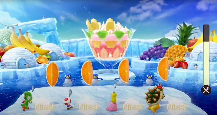 Mario and his friends hit fruits into a parfait in Super Mario Party Jamboree.