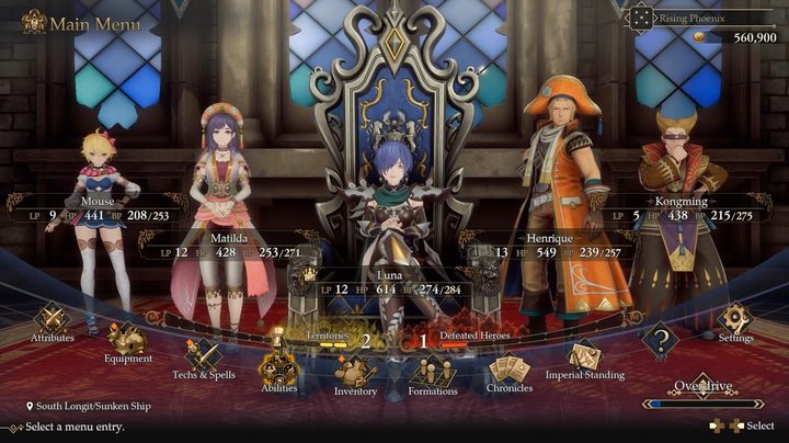 Romancing Saga 2 character roster with blue haired man sitting in throne