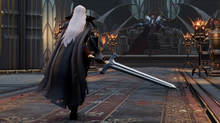 Two vampires holding out swords and approaching each other in a throne room.