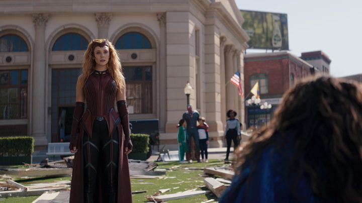 Wanda looks at a fallen Agatha in WandaVision.