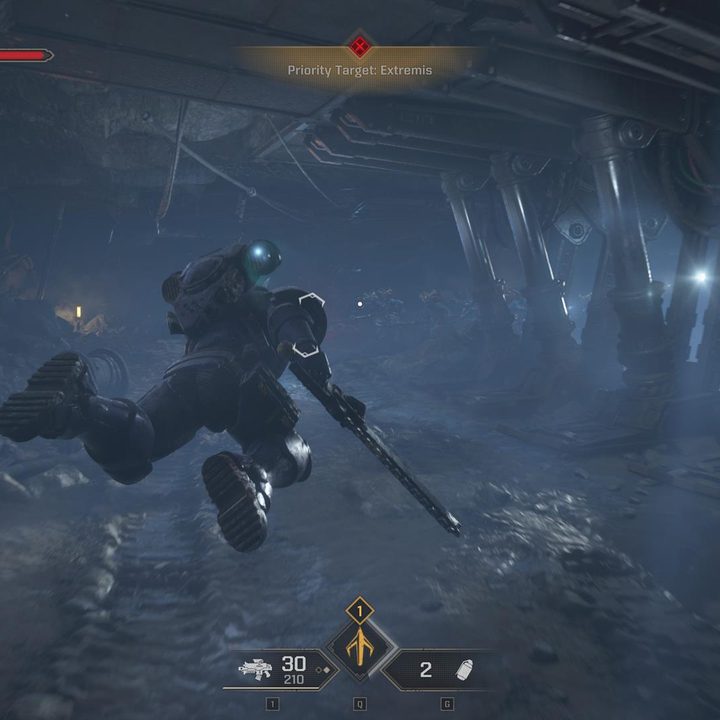 The image shows the Vanguard class zipping through the air via the Grapnel Launcher.