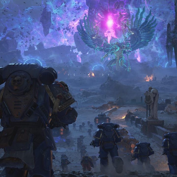 The image shows Space Marines advancing, with a Lord of Change seen in the distance.