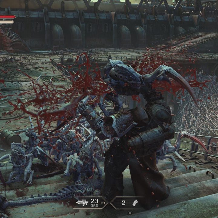 The image shows the player fighting off numerous Termagants and Hormagaunts.