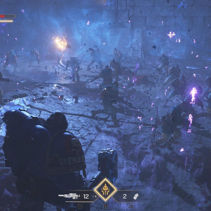 The image shows the player charging a group of Traitor Guardsmen.