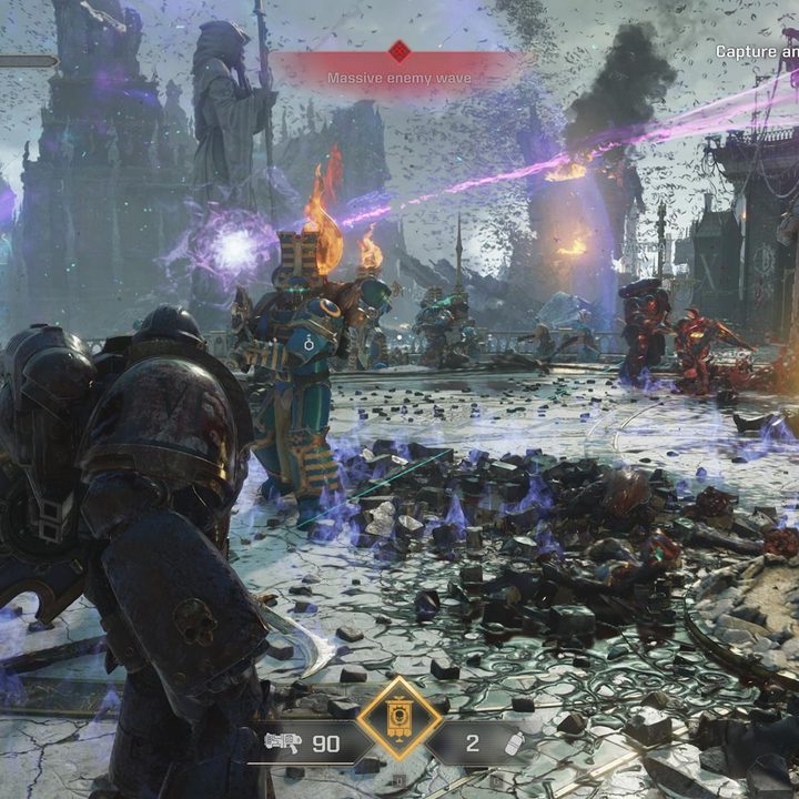 The image shows the player facing a Thousand Sons Rubric Marine.