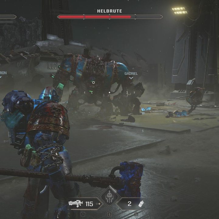 The image shows the player taking on a Helbrute beast.
