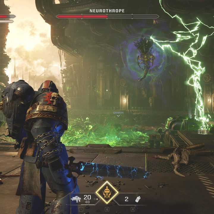 The image shows the player facing the Neurothrope miniboss.