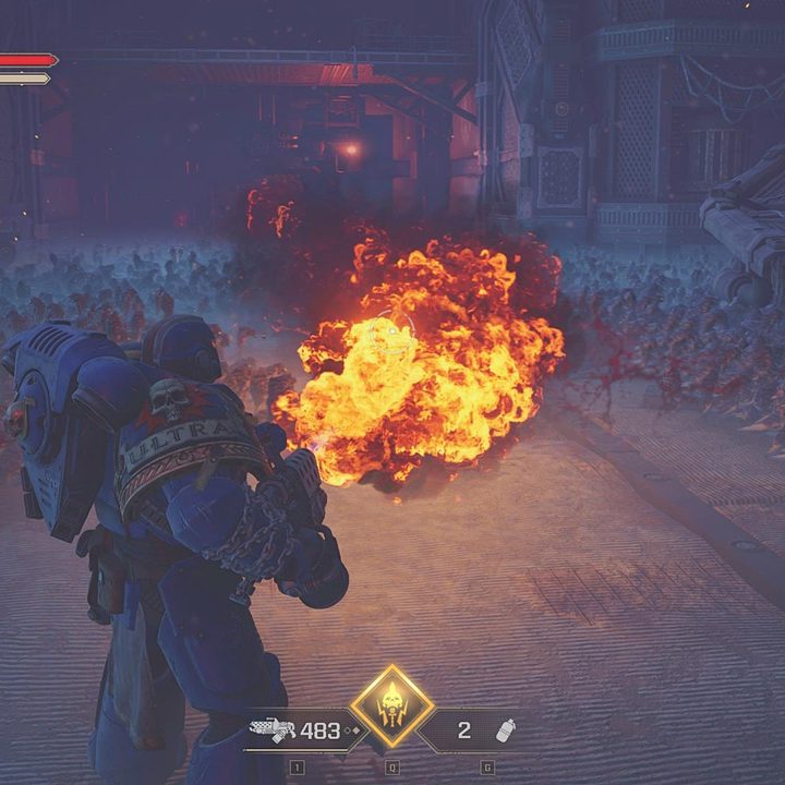 The image shows the player blasting Rat Swarms with a flamethrower.