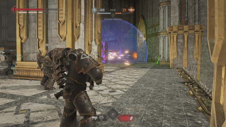 A player advances towards opposing forces in Warhammer 40,000: Space Marine 2.