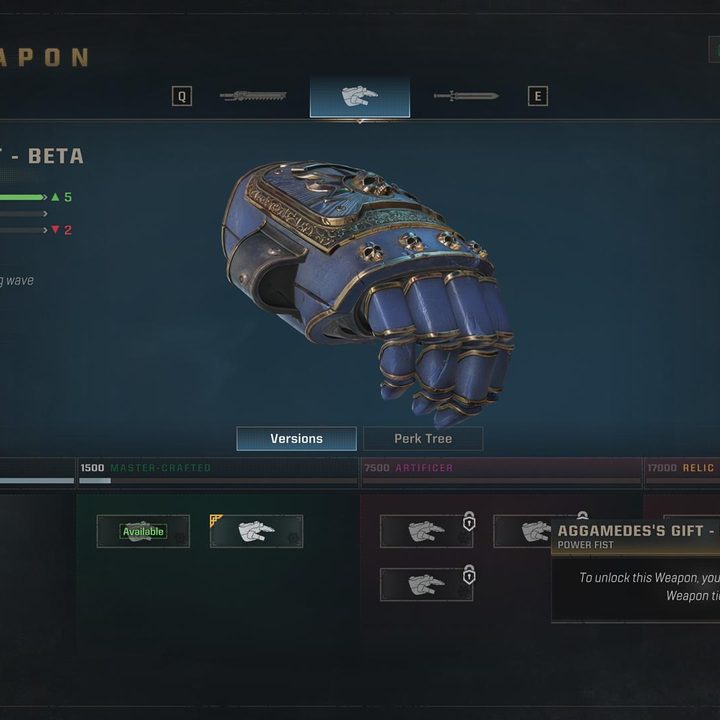 The image shows a menu where the player can select weapon perks and tiers.