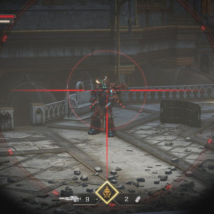 The image shows an enemy astartes in the crosshairs of a sniper.
