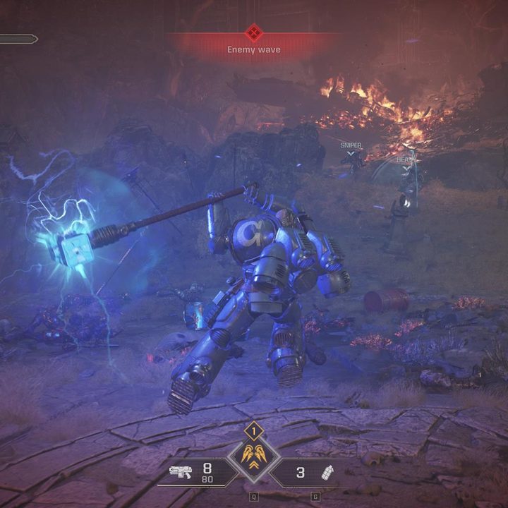 The image shows the player wielding a Thunder Hammer.