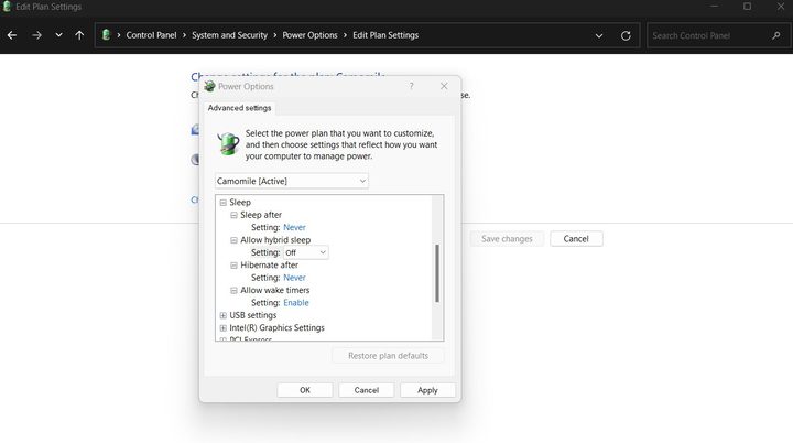 Power setting in the Windows Control Panel.