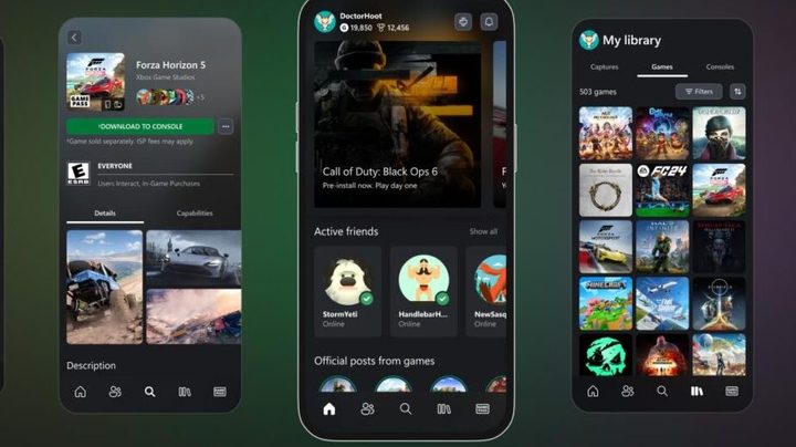 Five screens from the new Xbox mobile app. The middle one says black ops 6
