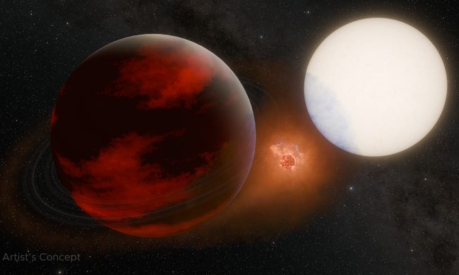 This artist’s concept depicts a potential volcanic moon between the exoplanet WASP-49 b, left, and its parent star. New evidence indicating that a massive sodium cloud observed near WASP-49 b is produced by neither the planet nor the star has prompted researchers to ask if its origin could be an exomoon.