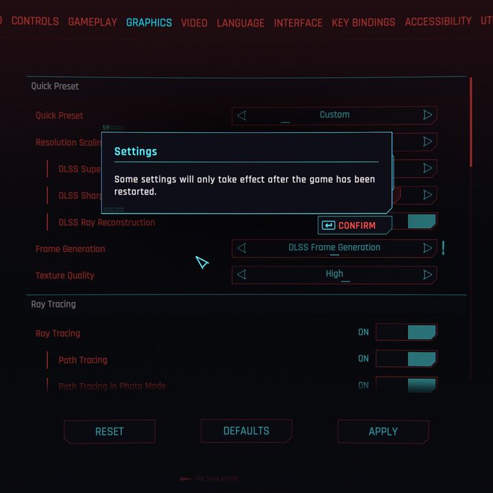 Cyberpunk 2077 restart prompt.
