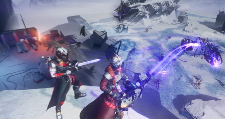 Two guardians attack from above in Destiny: Rising.