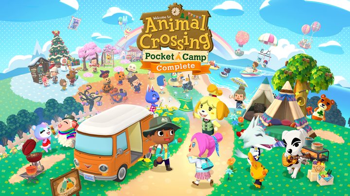 A logo that says "Welcome to Animal Crossing Pocket Camp Complete." There are a bunch of character interacting on a camp ground, with a rainbow in the background.