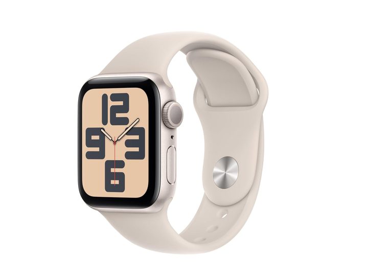 A 40mm Apple Watch SE 2 with the Starlight sport band.