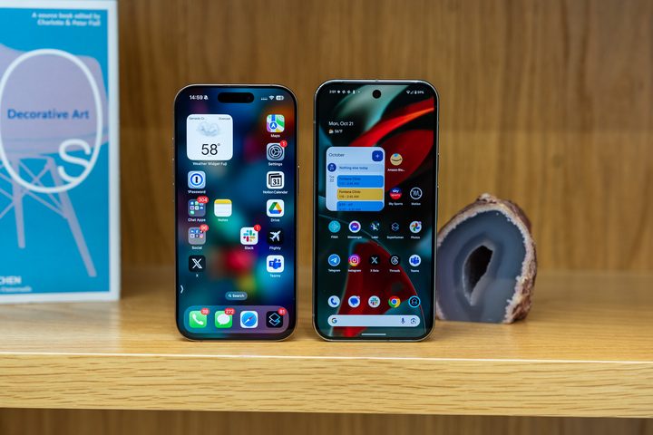 The iPhone 16 Pro screen next to the Pixel 9 Pro