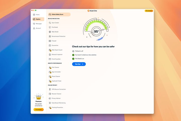 Avast One's free app shows locked tabs for paid services.