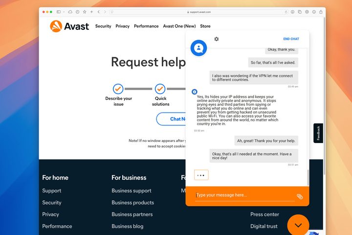 Avast's live support was initially frustrating but improved greatly after a few minutes.
