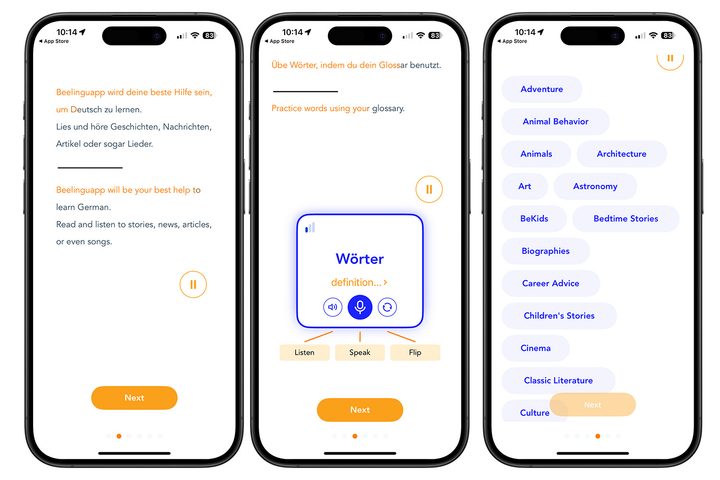Screenshots of Beelinguapp app on iPhone.