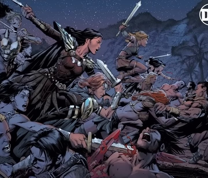 Wonder Woman and the Amazons battling in a panel from DC Comics.
