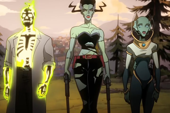 Doctor Phosphorus, The Bride, and Nina Mazursky walk together in Creature Commandos.