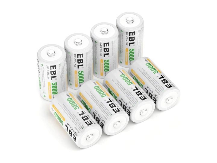 The EBL C rechargeable battery 8-pack against a white background.
