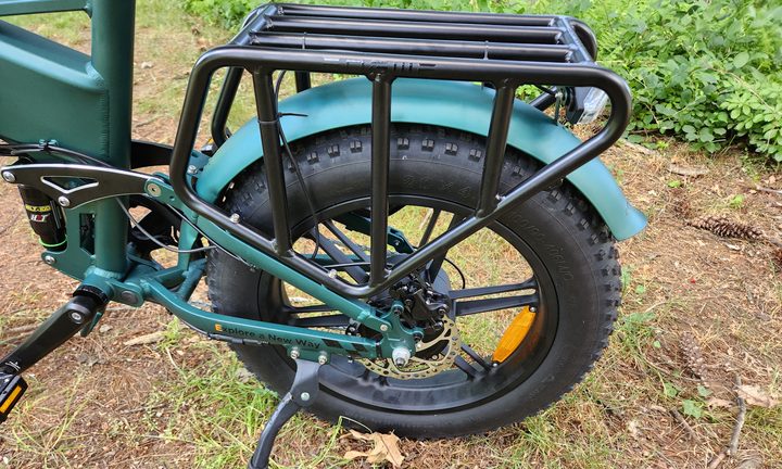 Engwe Engine Pro 2.0 folding bike rear wheel, hub motor, rear disc brake, kickstand, air shock suspension, and rear rack.