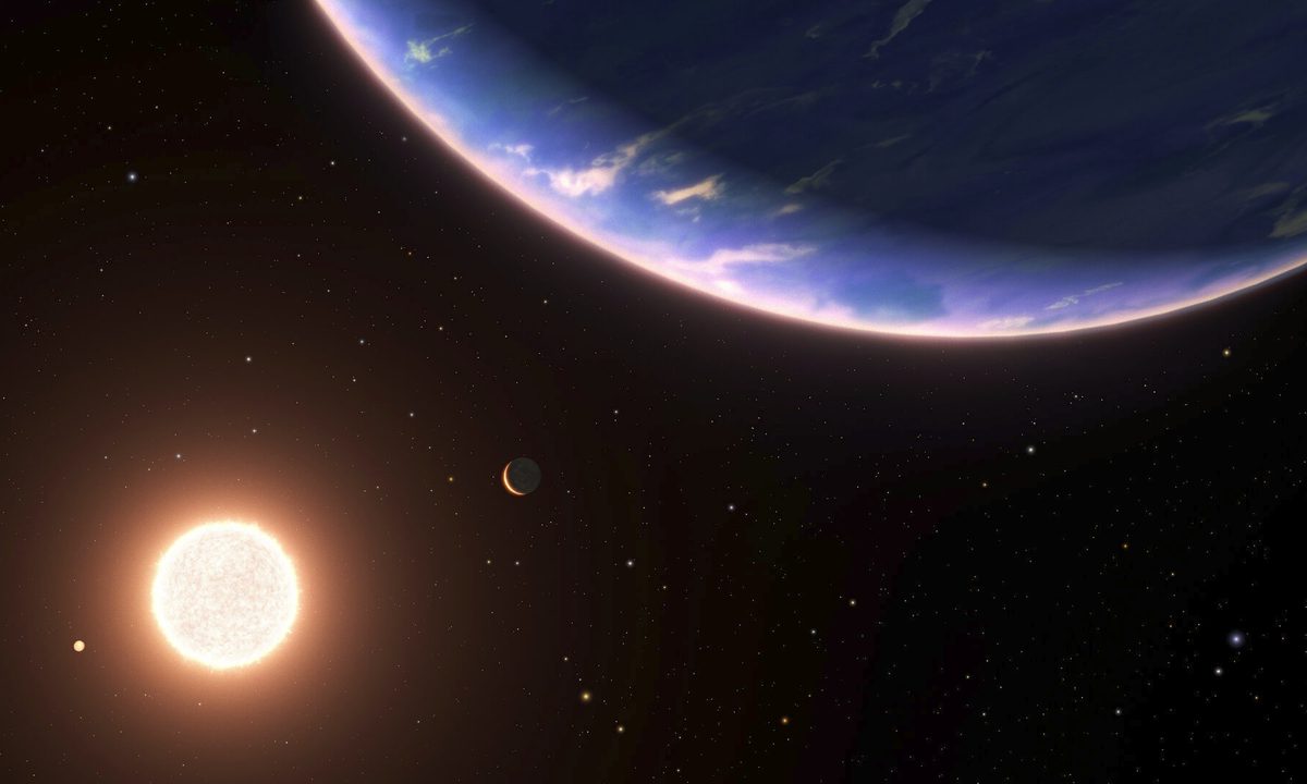 An artist’s conception of the “steam world” GJ 9827 d, shown in the foreground in blue.