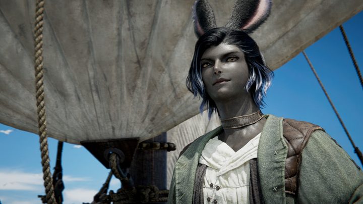 A Final Fantasy 14 character with bunny ears and gray skin standing on a ship.