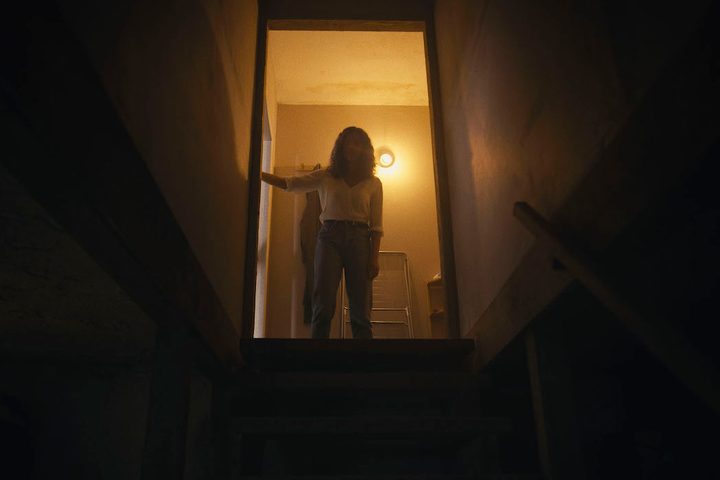 Georgina Campbell stands at the top of a staircase in Barbarian.