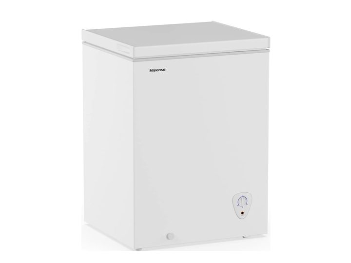 A view of the Hisense 5 cu. ft. Garage Ready Chest Freezer with the lid closed.