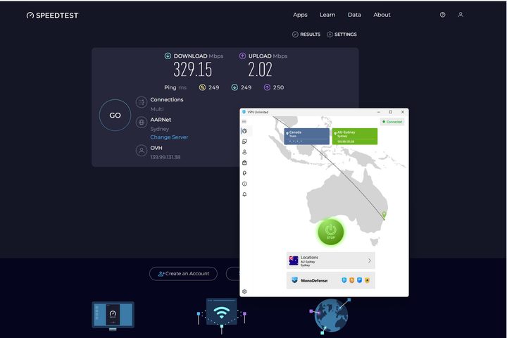I was surprised and delighted to get 329 Mbps for a VPN Unlimited server on the other side of the planet.