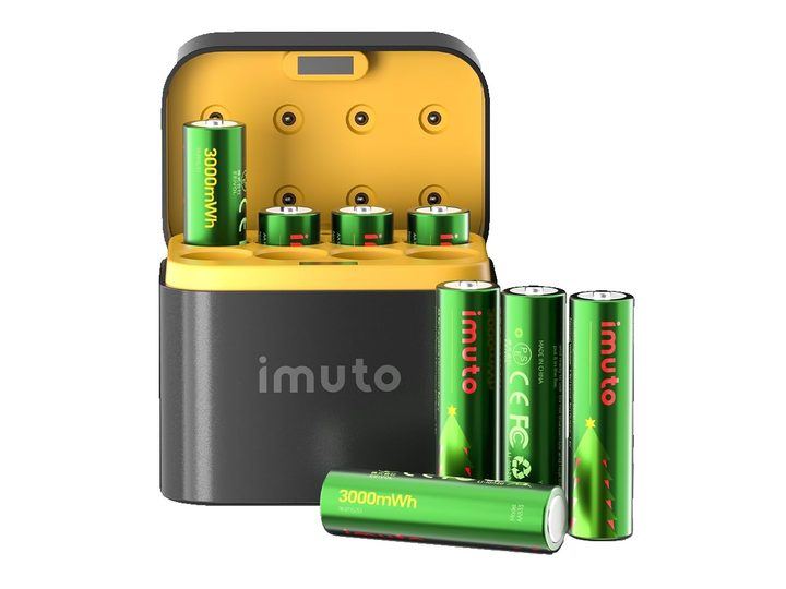 The Imuto AA rechargeable battery 8-pack with charger against a white background.