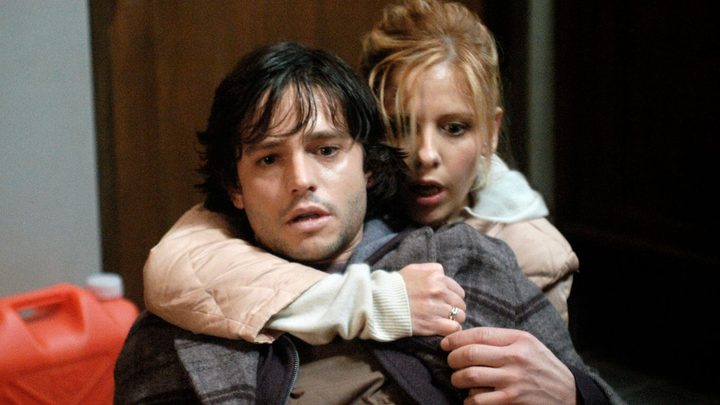 Sarah Michelle Gellar's Karen holding her boyfriend, Jason Behr's Doug, as they look ahead with terrified expressions in The Grudge.