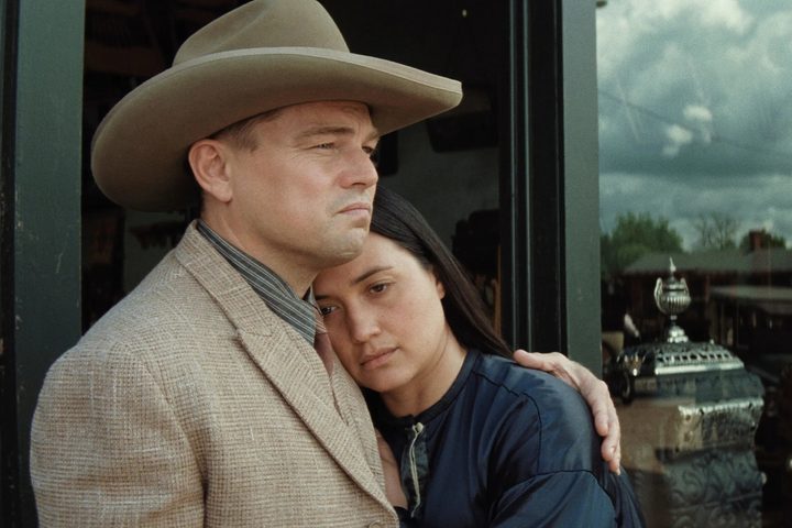Lily Gladstone hugs Leonardo DiCaprio in Killers of the Flower Moon.