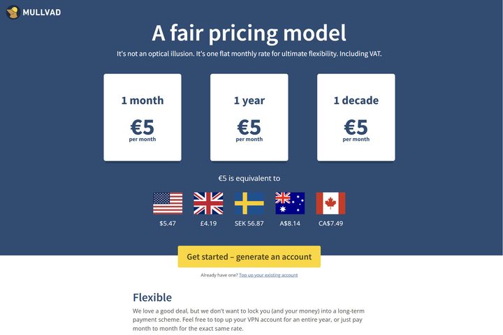 Mullvad VPN costs 5 euros per month and has since 2009.