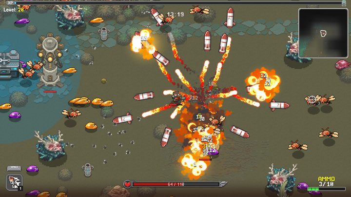 Shooting lots of rockets in Nimrods: GunCraft Survivor.