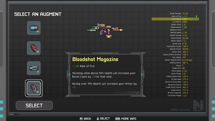 Upgrading a weapon with augments in Nimrod: GunCraft Survivor.