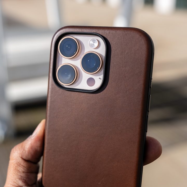 Close up of the camera on the Nomad Modern Leather Case on an iPhone 16 Pro at an angle