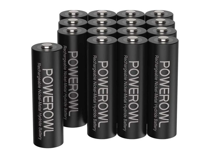 The Powerowl AA rechargeable battery 16-pack against a white background.