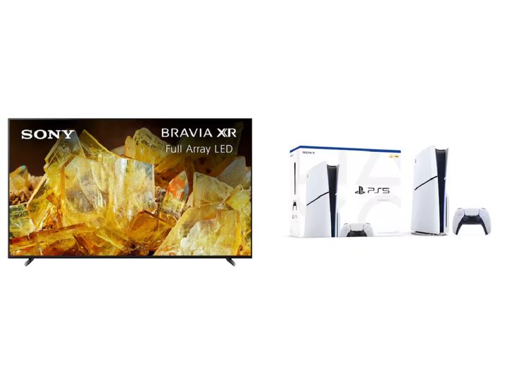 The PlayStation 5 Slim and 65-inch Sony Bravia XR X90L 4K TV on a white background.