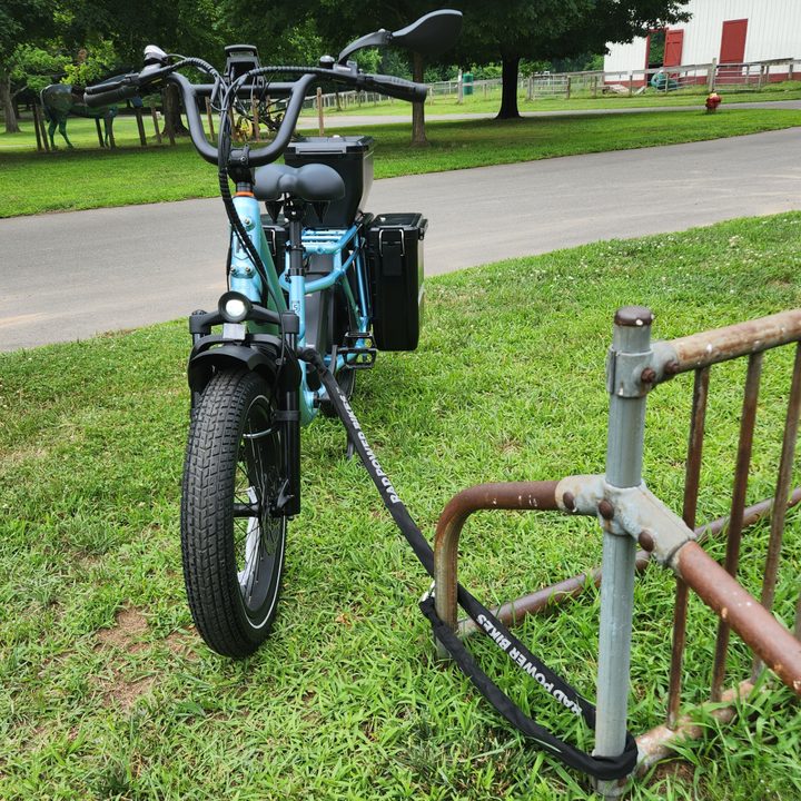 Rad Power Bikes Radwagon 5 with optional front wheel lock and security cable tethered to a bike rack.