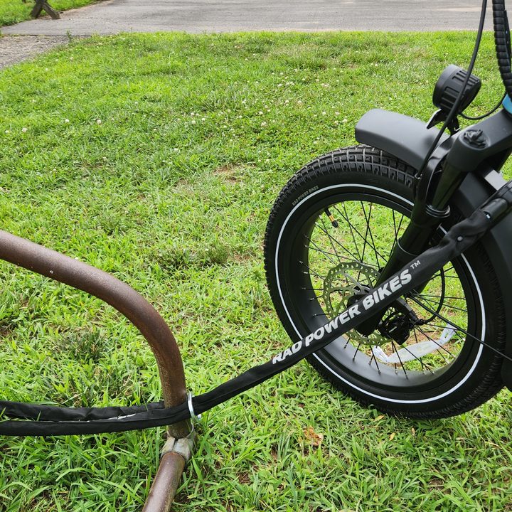 Rad Power Bikes Radwagon 5 with optional front wheel lock and security cable.