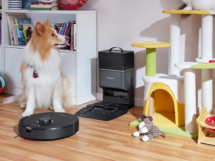 The Roborock Q5 Pro+ robot vacuum cleans up in front of a dog.
