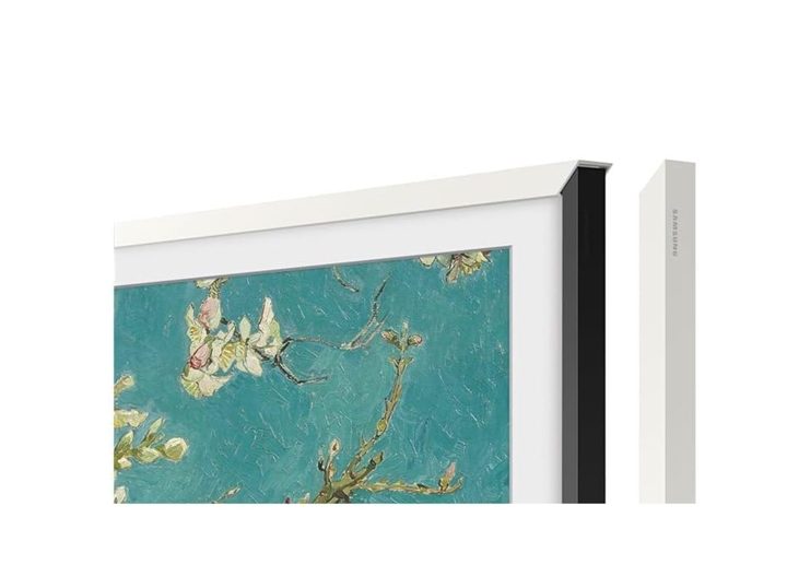 A corner of a Samsung The Frame TV with a white Bezel installed.