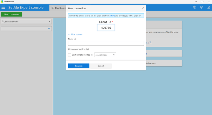 SetMe Expert console unique connect ID for client-expert side